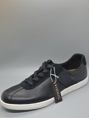 NWT | Vionic Men’s Black Leather & Suede Low-Top Sneaker with White Sole